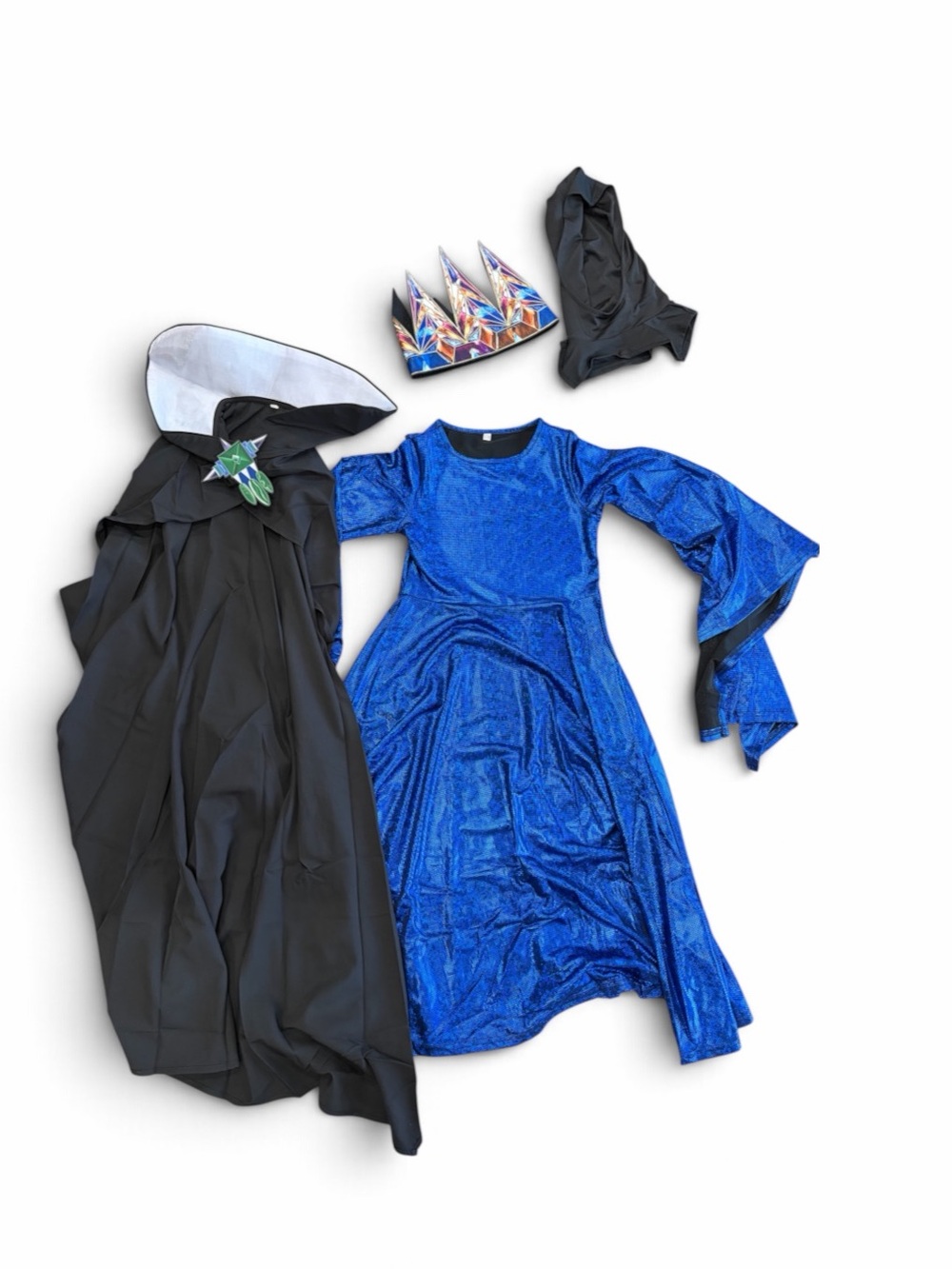 Children's Blue Evil Queen Witch Costume with Black Cloak and Crown